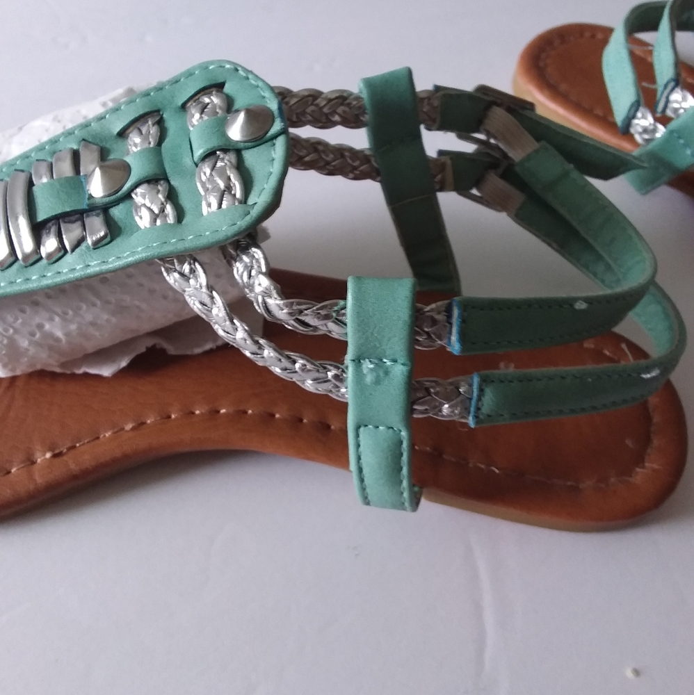 Aqua,Silver Slingback Sandals,Braided Double Silver/Aqua Straps/Buckles - Picture 5 of 10